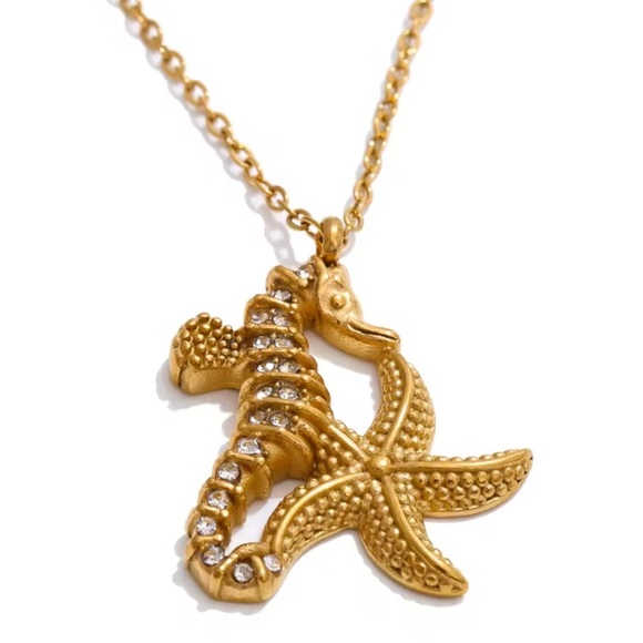 Seahorse Starfish Crystal 18K Gold Stainless Steel Waterproof Jewelry Set - Picture 9 of 16